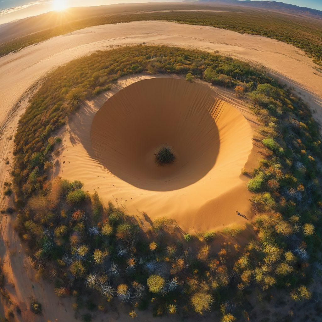 A breathtaking aerial view showcasing two contrasting hemispheres; one lush and green filled with vibrant wildflowers and forests, the other a stark desert landscape with golden dunes and a sunset sky, each hemisphere blending seamlessly at the equator. Include subtle wildlife elements like birds in the green hemisphere and cacti in the desert. The image should evoke a sense of wanderlust and awe at nature's diversity. super-realistic. vibrant colors. panoramic view.