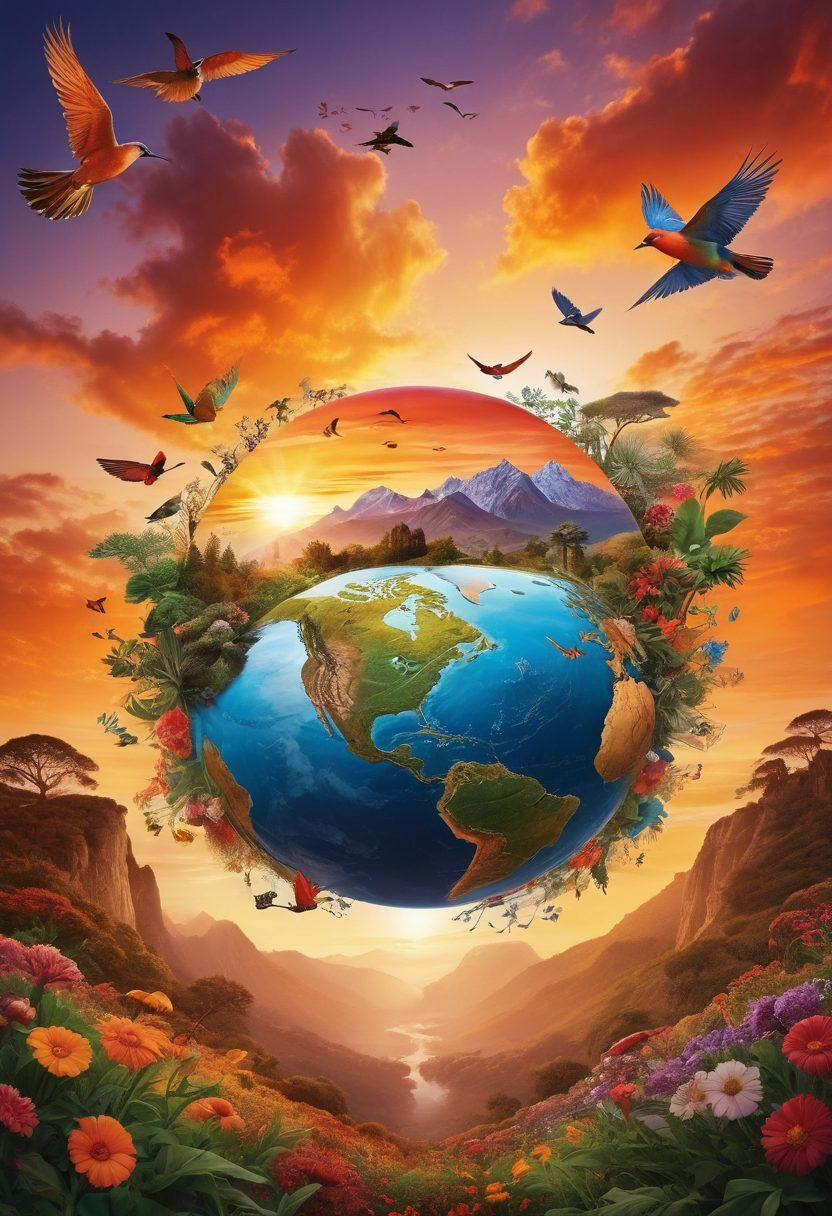 A stunning collage showcasing diverse hemispheres of the globe, each segment bursting with vibrant landscapes, cultures, and unique flora and fauna. Include a soothing sky with a gradient from sunrise to sunset, reflecting the charm of different times across the world. Add whimsical elements like birds, butterflies, and traditional motifs from various cultures to enhance the visual narrative. Capture the essence of exploration and wonder in this enchanting representation. vibrant colors. super-realistic.